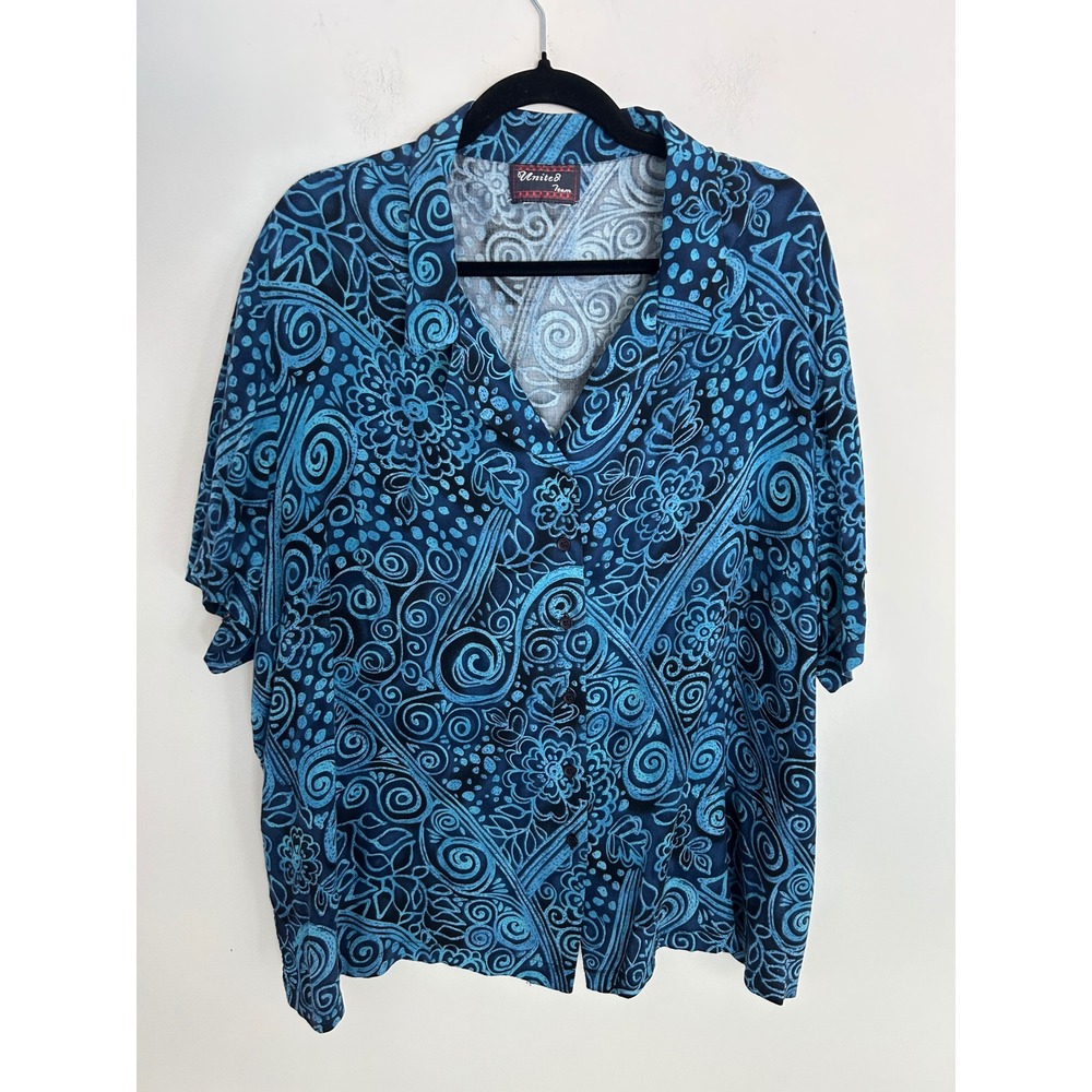 United Team Vintage Blue Paisley Swirl Print Button Front Shirt Short Sleeve XL